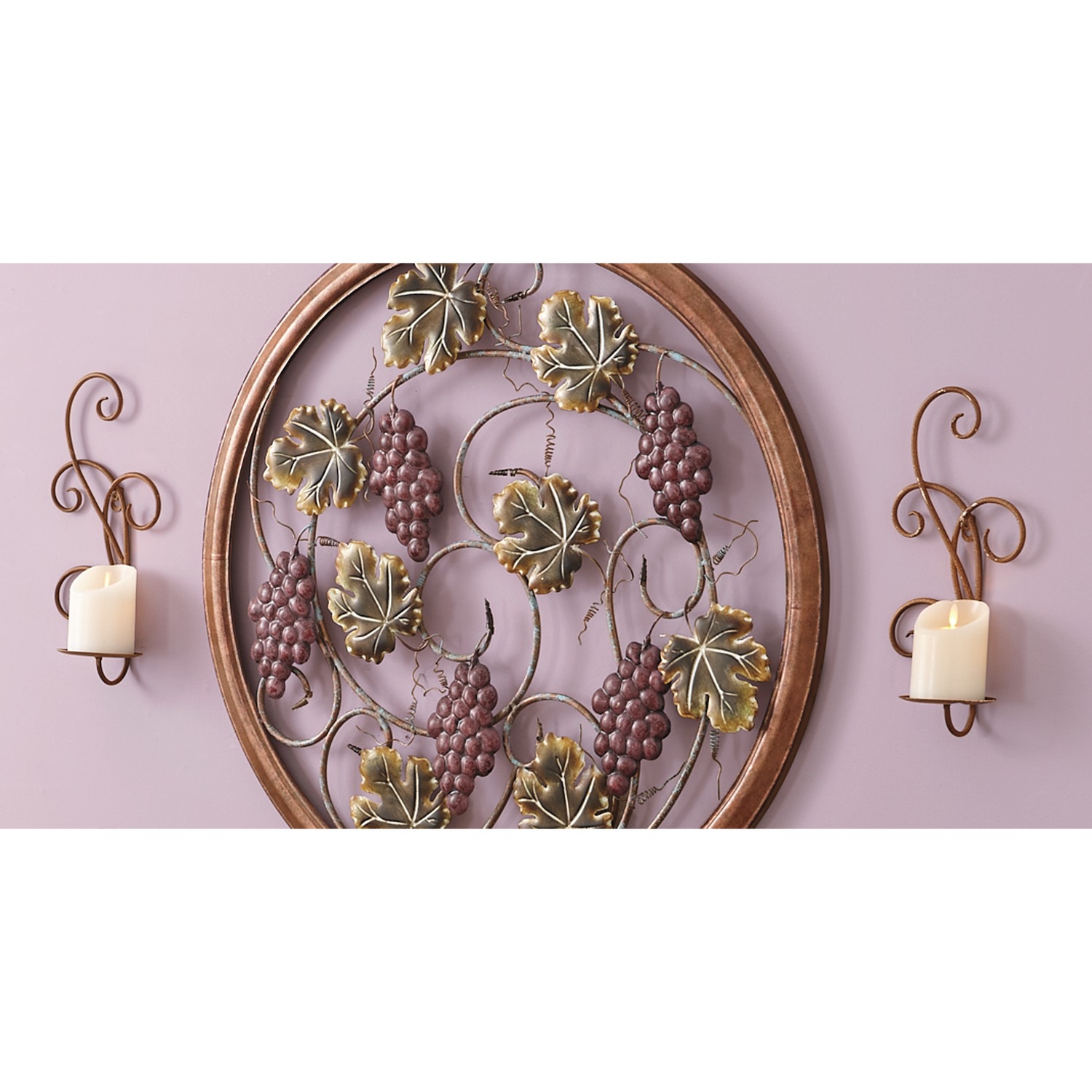 Set of 2 Suma Scroll Wall Sconces and Round Framed Grape Wall Art