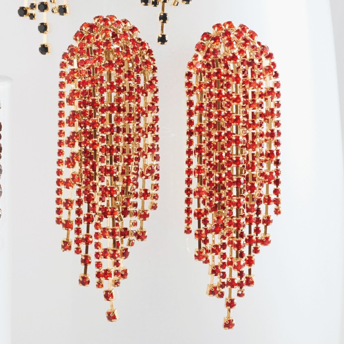 Crystal Color Fringe Earrings, Red, large