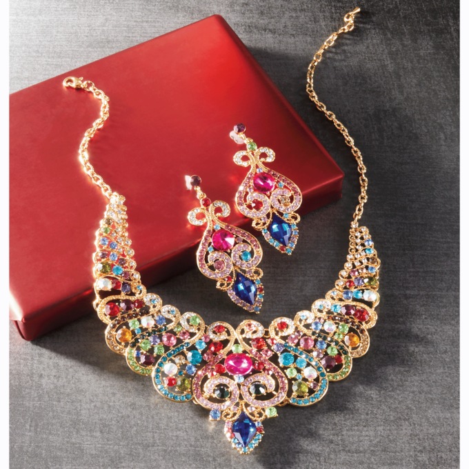 Crystal Vintage Necklace & Earring Set, Multicolor Goldtone, large
