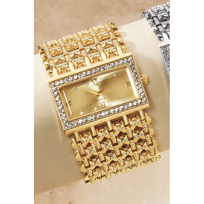 Crystal Rectangular Watch, Goldtone, large