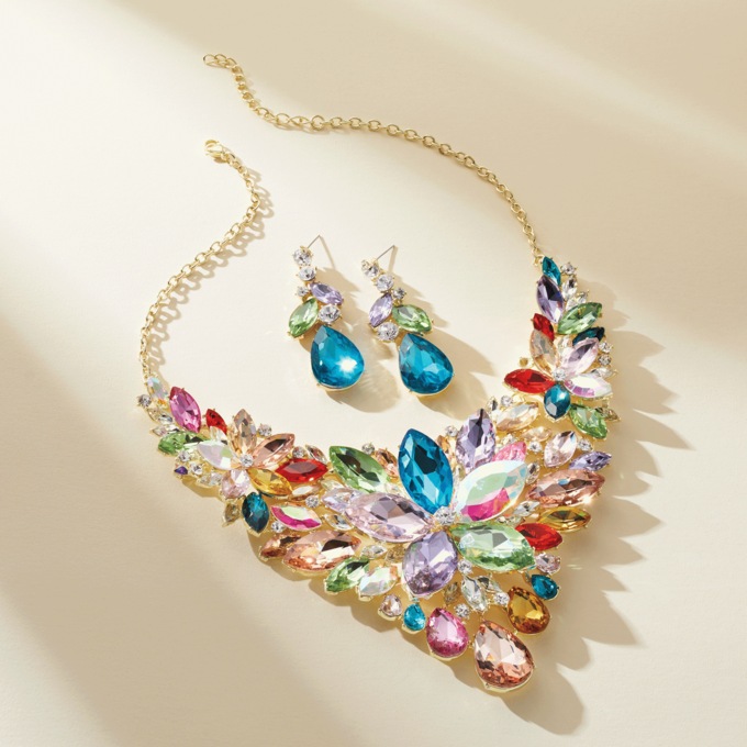 Crystal Shapes/Bib Necklace & Earrings Set, Multicolor Goldtone, large