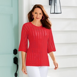 Vine Stitch Scoop Neck Sweater, Poppy Red, large