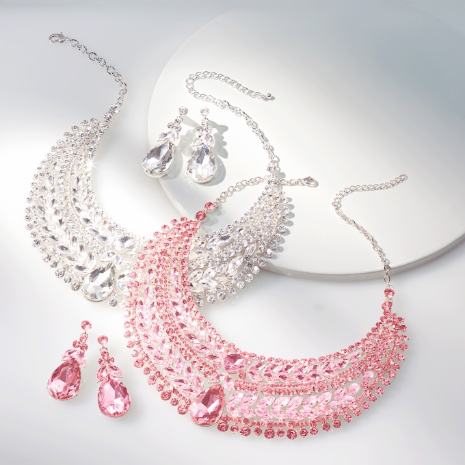 Crystal/Faux-Pearl Mulit-Strand Bib Necklace & Earring Set, , large