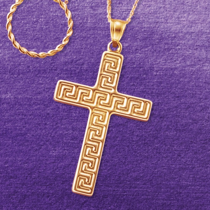 10K Gold Cross/Greek Key Pendant, , large
