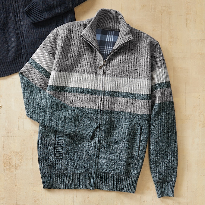 Full-Zip Fleece-Lined Sweater, , large