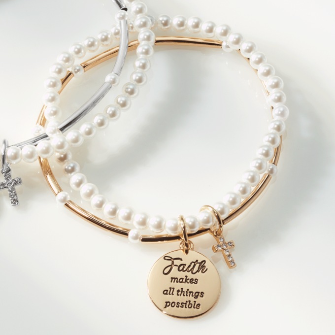 Faith All Possible Faux-Pearl Stretch Bracelet, , large