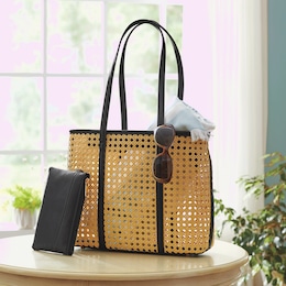 Woven Rattan Calypso Beach Tote with Faux Leather Pouch, , large