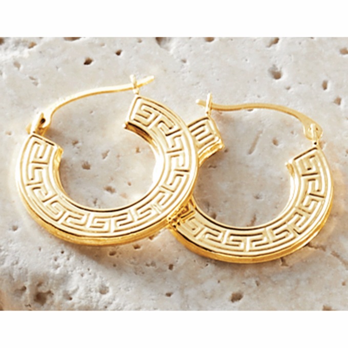 10K Gold Greek Key Hoops, , large