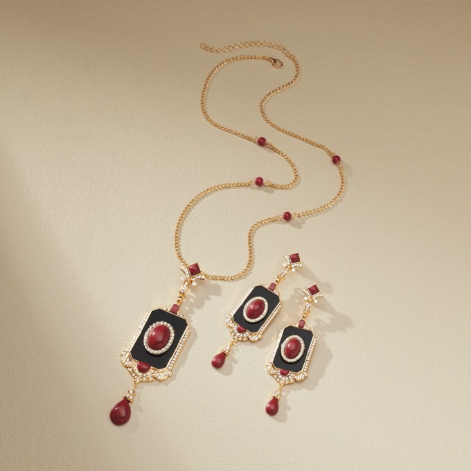 Antiqued Long Necklace & Earring Set, Red Black, large