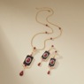 Antiqued Long Necklace & Earring Set, Red Black, large