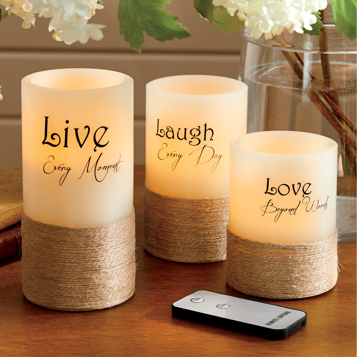 Set Of 3 Live Laugh Love Led Candles Midnight Velvet