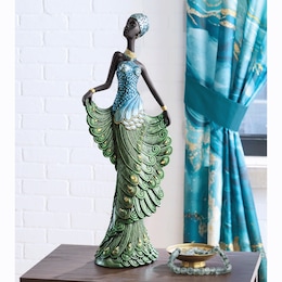 Statement Peacock Dress Lady Figurine, , large
