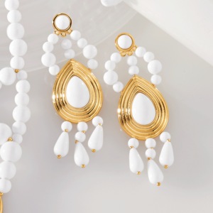White Bead Collection Earrings, White Goldtone, large
