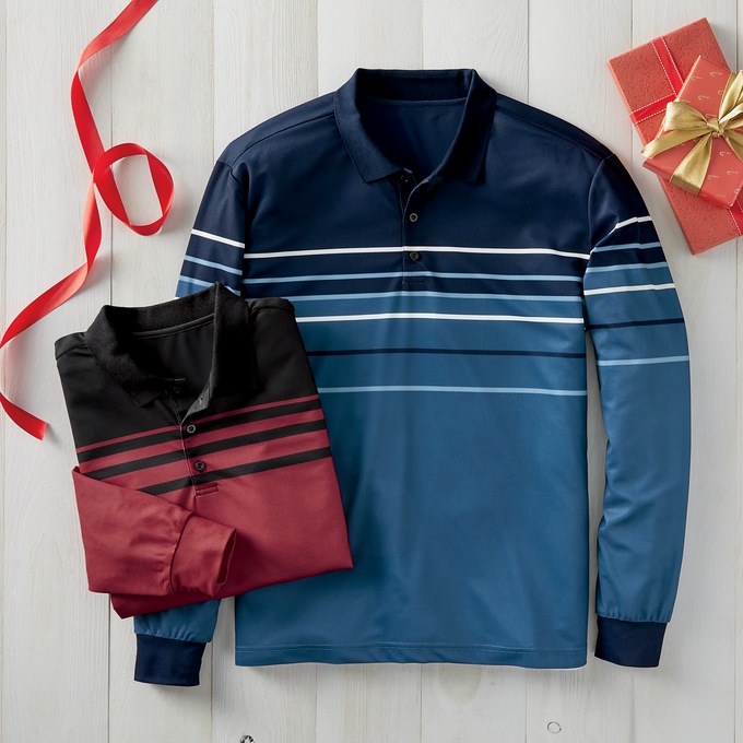 2-Pack of Men&#39;s Long Sleeve Striped Polos, , large