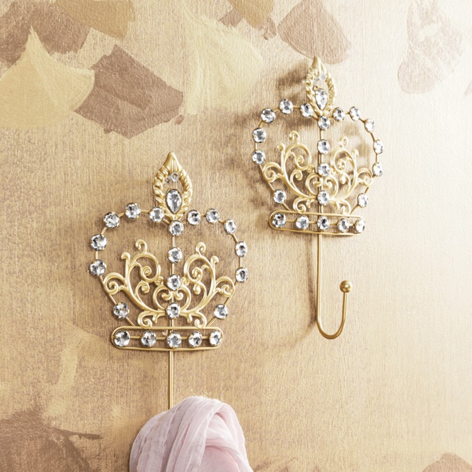 Set of 2 Glam Crown Wall Hooks, , large