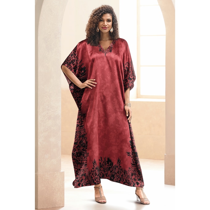 Mi Amor Long V-Neck Caftan with Floral Border, , large