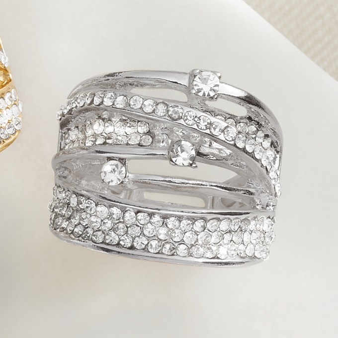 Orbit/Stone Stretch Ring, Silvertone Crystal, large