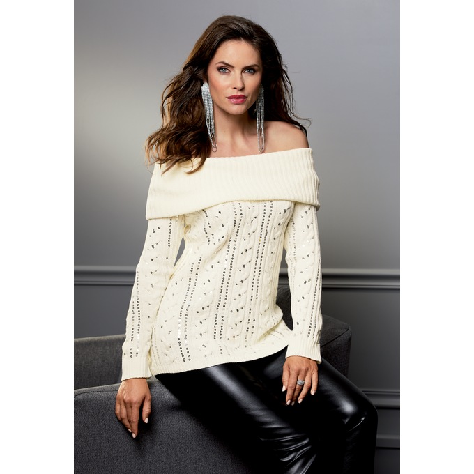 Suzie Sequin Cable Sweater, , large