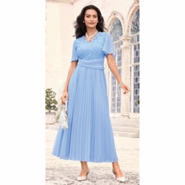 Lace-Bodice Flowy Pleated Maxi Dress with V-Neck and Flutter Sleeves, , large