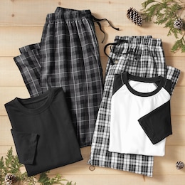 4-Piece Men&rsquo;s Gray/Black PJ Set with Cotton Knit Tops and Plaid Flannel Pants, , large