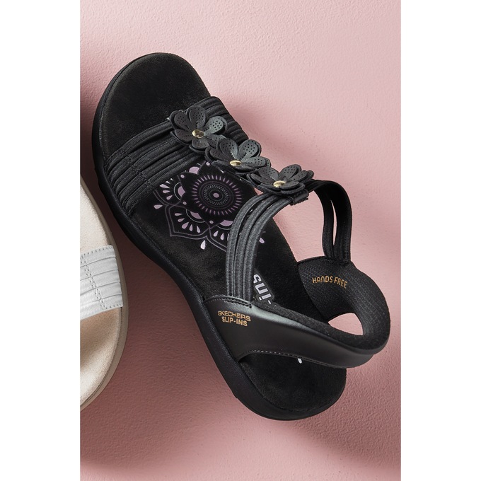 Skechers Hands Free Slip-ins Leather Reggae Slim Slingback with Floral Appliqu&eacute;s, Black Black, large