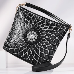 Chique Rhinestone-Embellished Bucket Bag with Zip Closure, , large