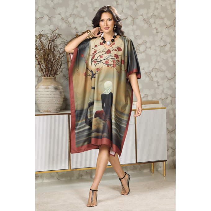 Moonlight Lady Women&rsquo;s Short Caftan with Graphic Print and V-Neck, Deep Red Multi, large