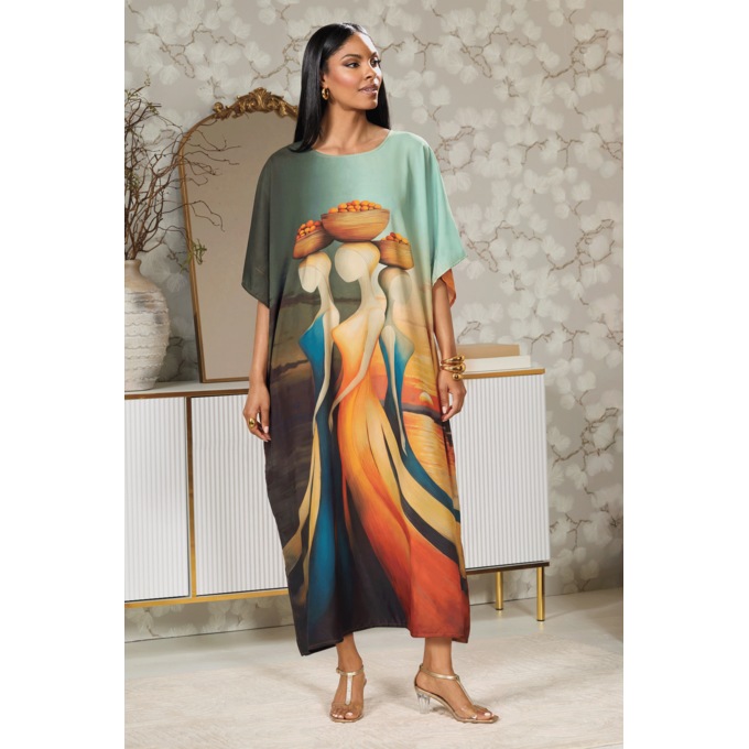 Fahari Long Wearable-Art Caftan with Portrait Print, Navy Multi, large
