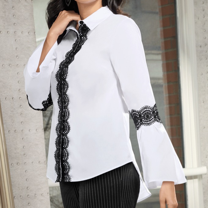 Kendra High-Low Tunic with Bell Sleeves and Lace Trim, , large
