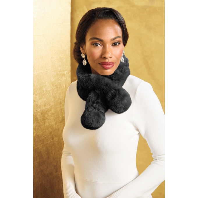 Faux-Fur Pom Neck Scarf, Black, large