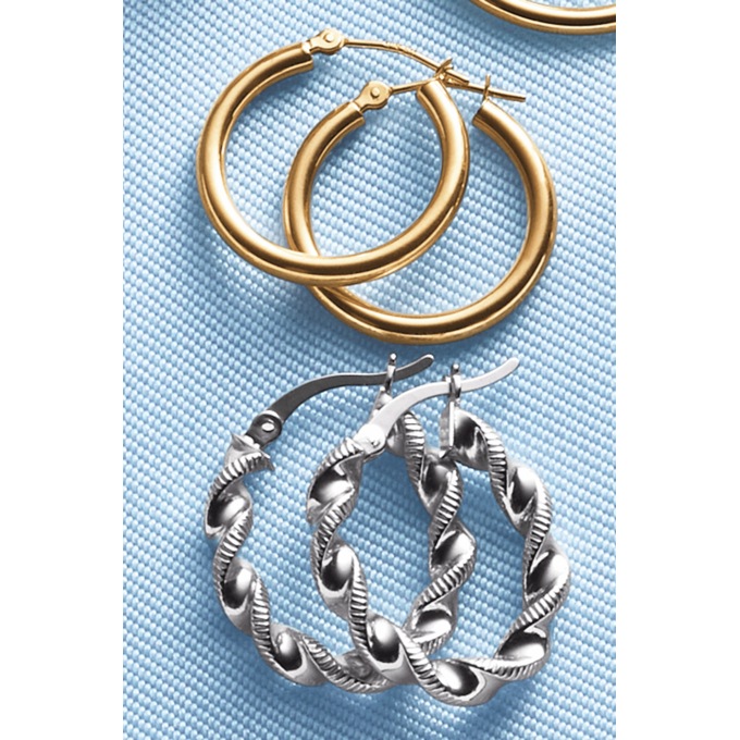 10K Gold & Sterling Silver Hoop Set, Yellow Gold and Sterling Silver, large