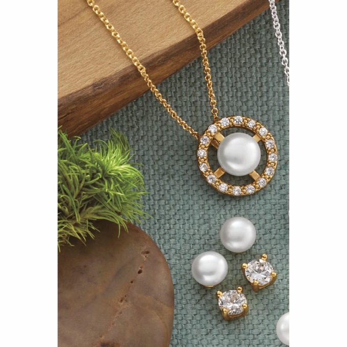 Pearl/Cubic Zirconia Pendant & 2-Pair Post Set, , large