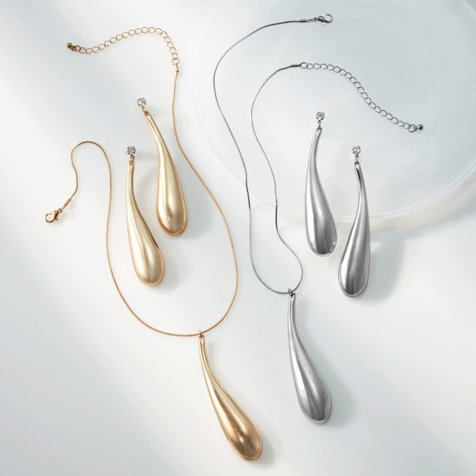 Elongated Teardrop Necklace & Earring Set, , large