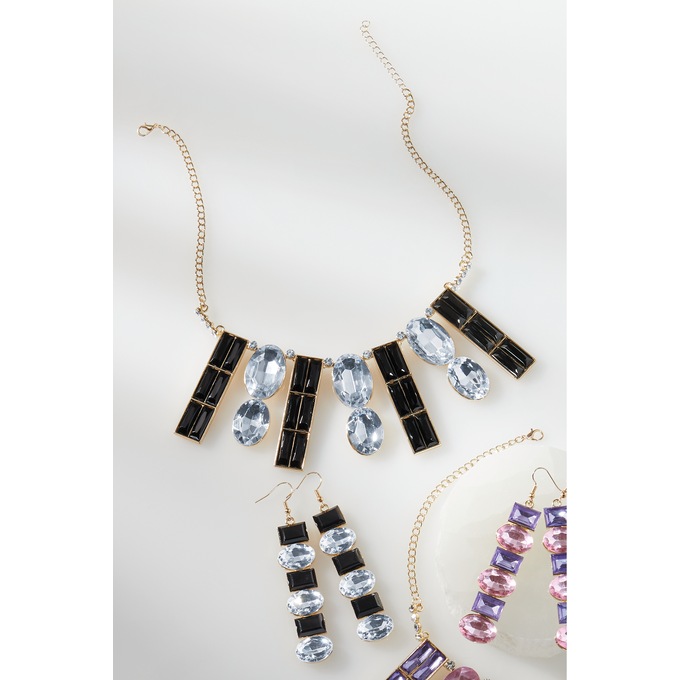 Crystal Oval-Bar Necklace & Earring Set, Black White, large
