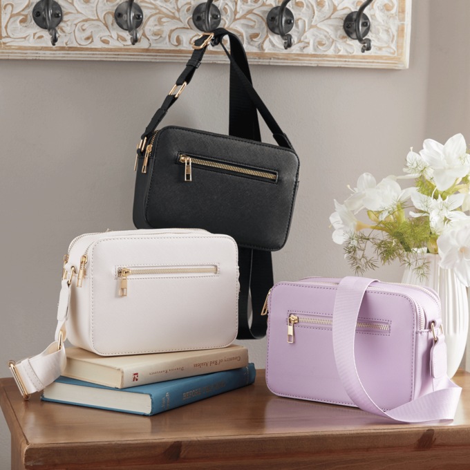 Faux Leather Square Crossbody with Zip Closures, , large