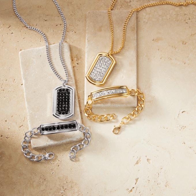 Men's Crystal Dog Tag & Bracelet Set , , large