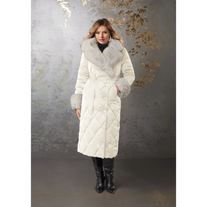 Pia Long Quilted Women's Puffer Coat with Faux-Fur Collar and Cuffs, Cream, large