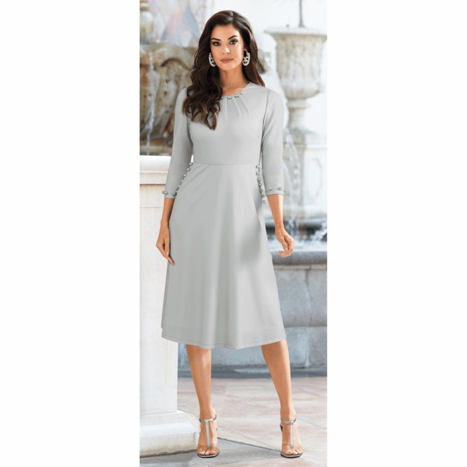 Delena Pearl-Trim A-Line Dress, , large
