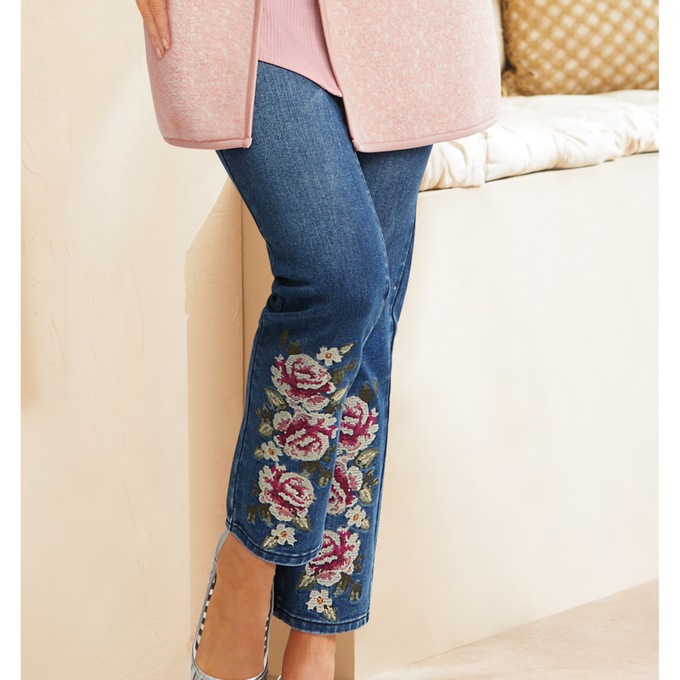 Cross Stitch Floral Embroidered Jean, , large
