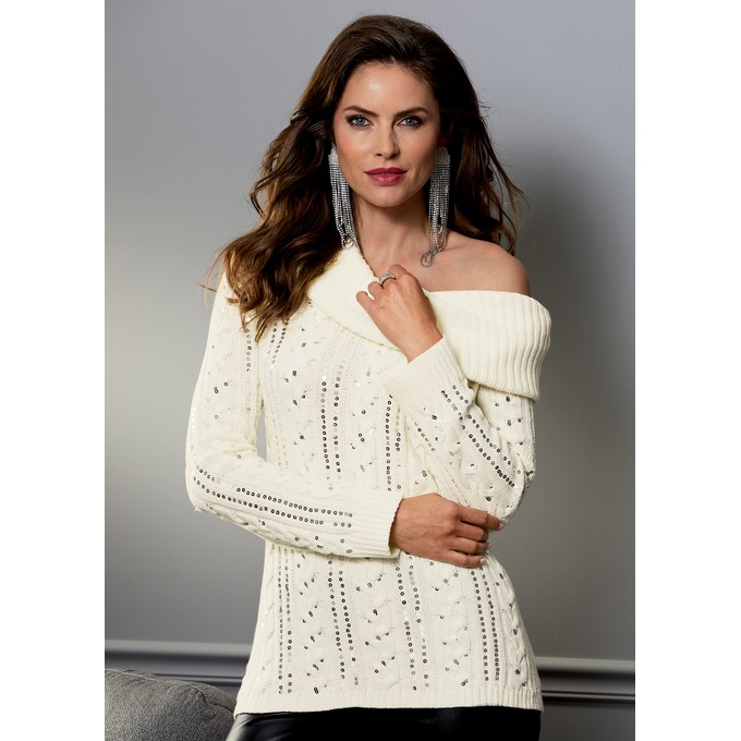 Suzie Sequin Cable Sweater, , large