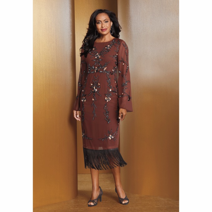 Bernadette Embellished Fringe Dress, , large