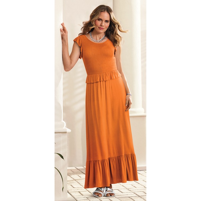 Tambria Smocked-Bodice Maxi Dress with Ruffle Details, , large