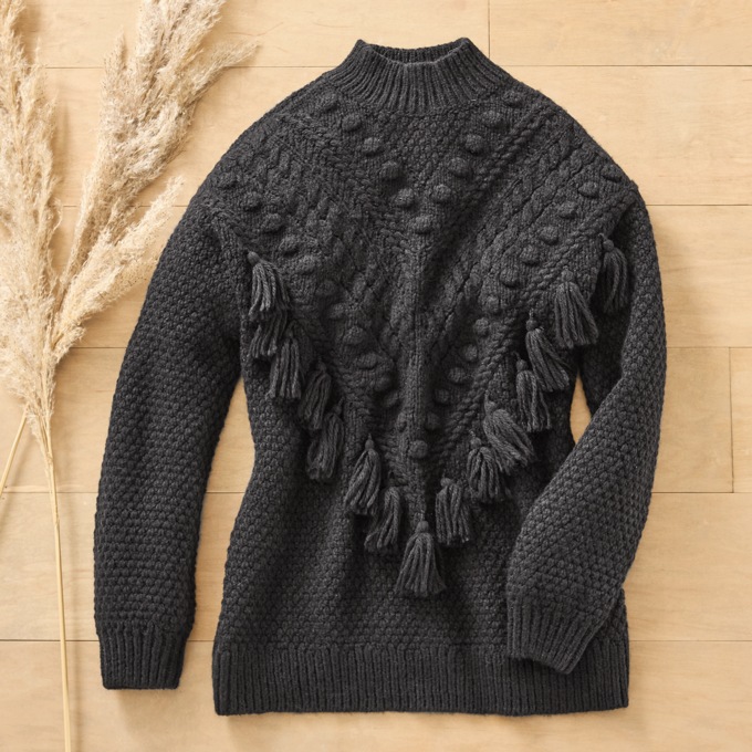 Fringe Tassel Sweater, Black, large