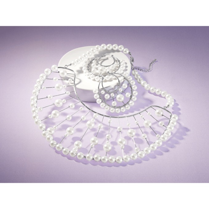 Wire Faux-Pearl Bib Necklace & Earring Set, , large