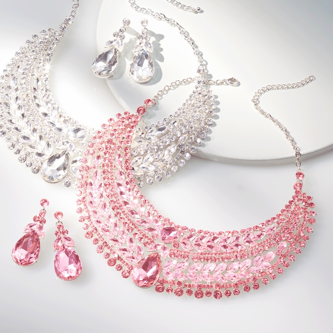 Crystal/Faux-Pearl Mulit-Strand Bib Necklace & Earring Set, , large