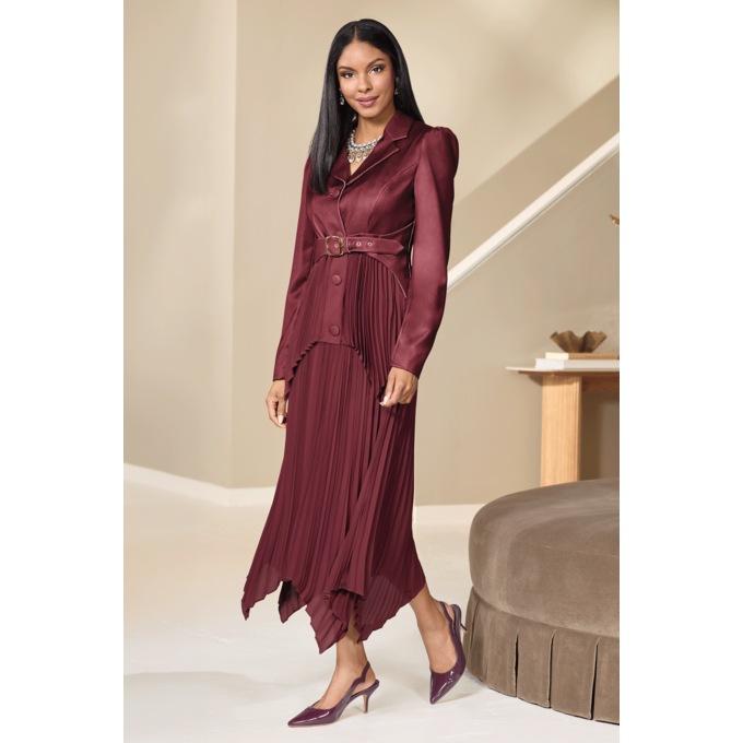Nellie Pleated Chiffon Skirt Set with Hankie Hem and Belted Jacket, , large