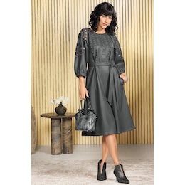 Lyra Faux-Leather A-Line Dress with Eyelet Cutouts and Balloon Sleeve, , large