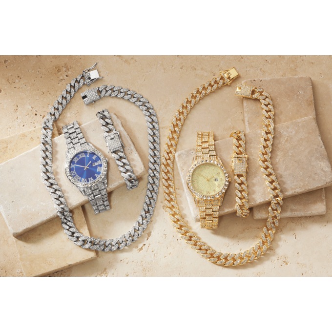 Men's Crystal Link Watch, Necklace & Bracelet Set, , large