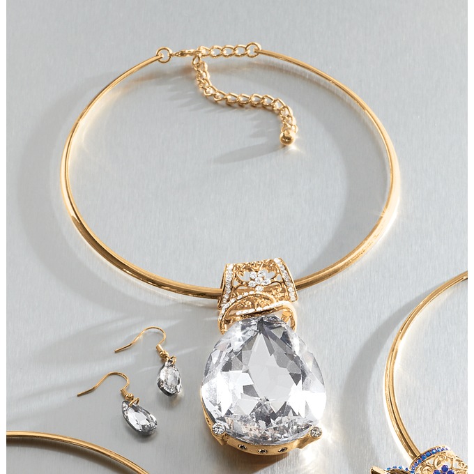 Slide Crystal Teardrop Necklace and Earring Set, , large