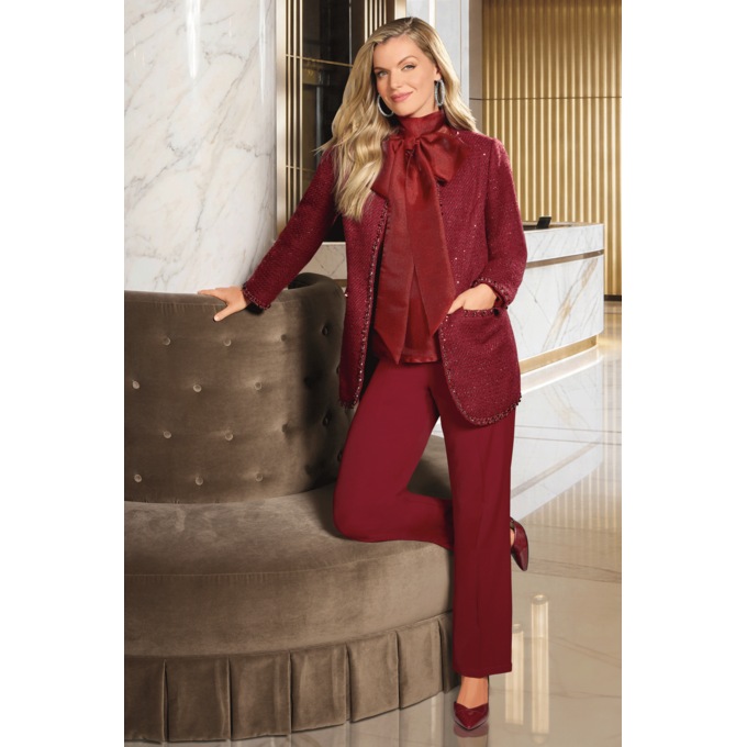 Alouette 4-Piece Women's Pant Suit with Sequin-Tweed Jacket and Statement Bow, , large